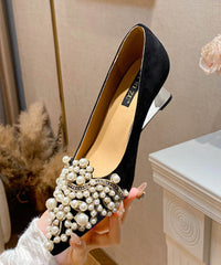Suede Wedge Heels Shoes Splicing Black Pointed Toe Nail Bead