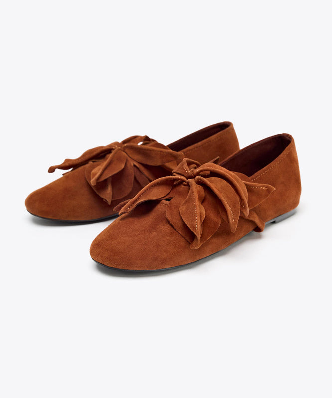 French Orange Suede Splicing Floral Flats