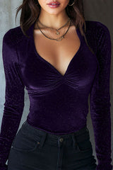 Velvet Sequined V-neck Long-sleeved Fitted Top