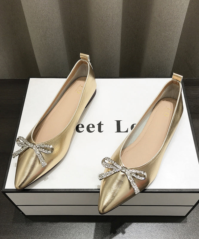 Comfy Bow Splicing Flat Shoes Gold Faux Leather Pointed Toe