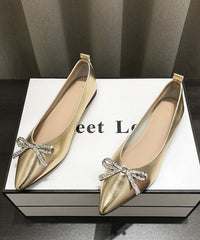 Comfy Bow Splicing Flat Shoes Gold Faux Leather Pointed Toe