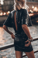 Countdown Celebration Sequin Short Bell Sleeve Open Back Ruched Mini Dress