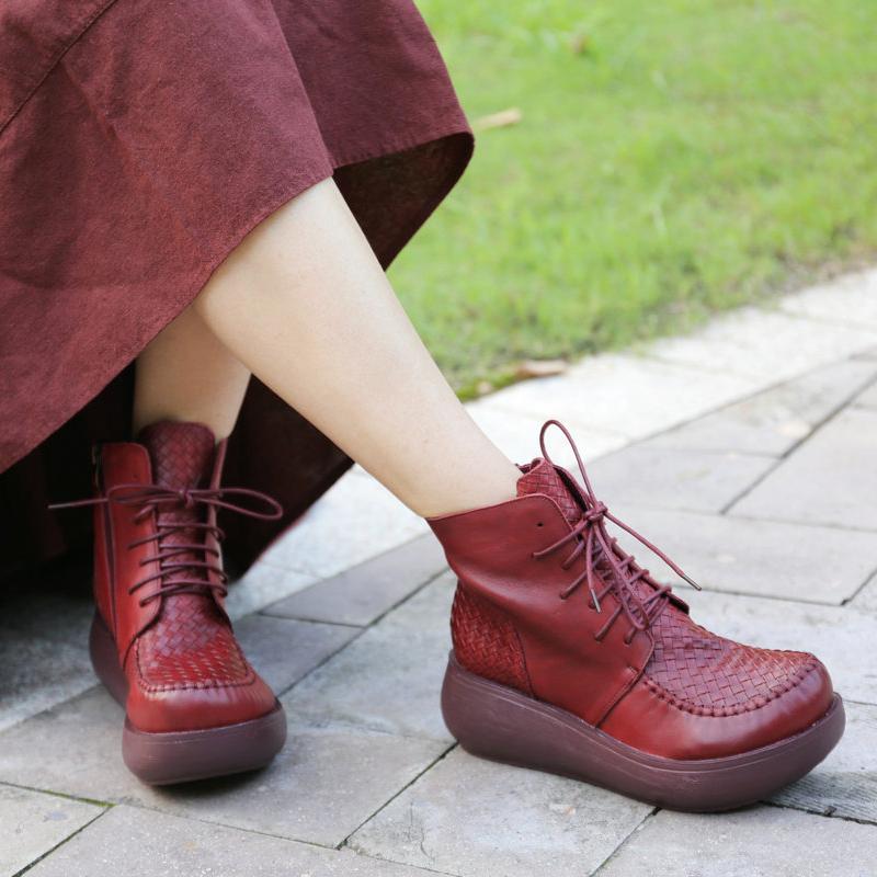 Leather Ethnic Wedge Heel Boots