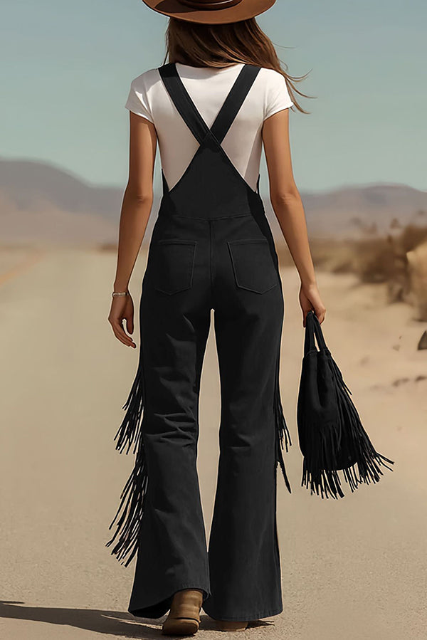 Suede Tassel Button Pocket Casual Wide-leg Overalls