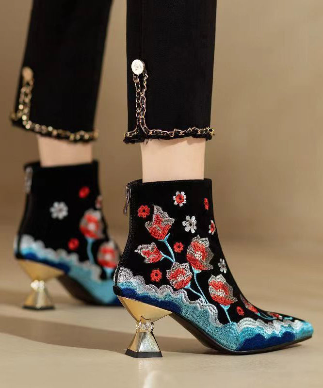 Black Flower Embroidered Pointed Toe Short Boots