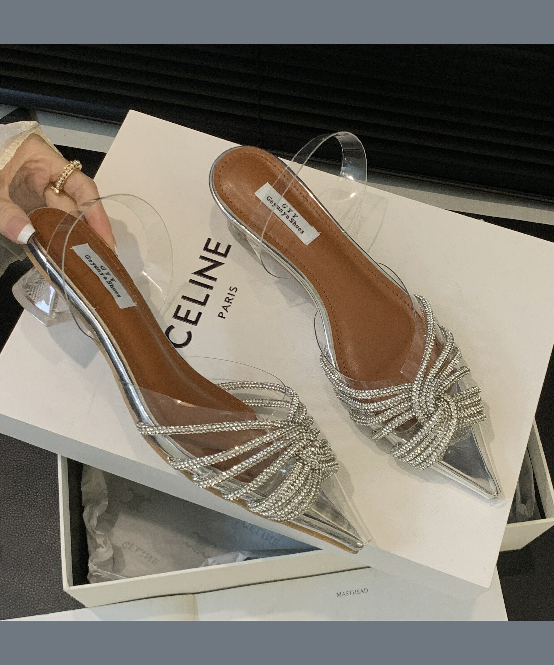 Silver Transparent Pointed Toe Zircon Slide Sandals