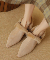 Handmade Apricot Suede Flats Shoes Pointed Toe Fuzzy Wool Lined