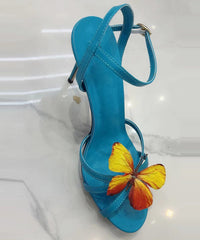 Green High Heels Cowhide Leather Sandals Splicing Butterfly