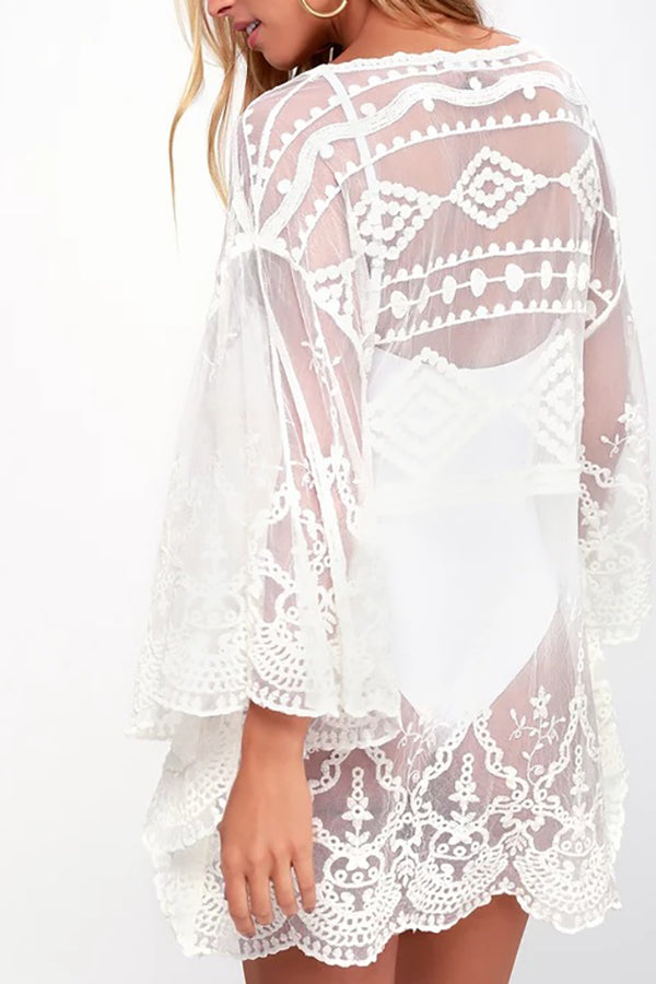 Skylar Embroidered Bell Sleeve Cover-up