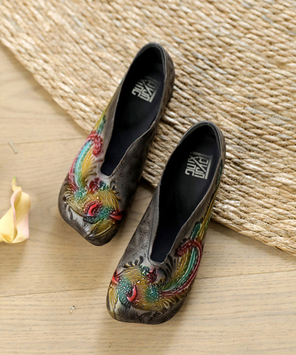 Vintage Embossed Flat Shoes For Grey Cowhide Leather