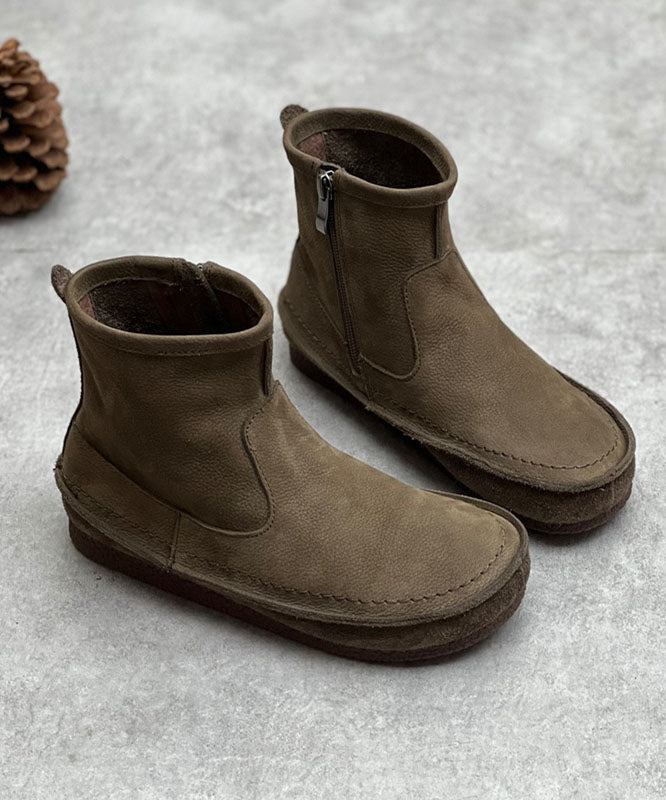 Coffee Cowhide Leather Boots Zippered Vintage Ankle Boots