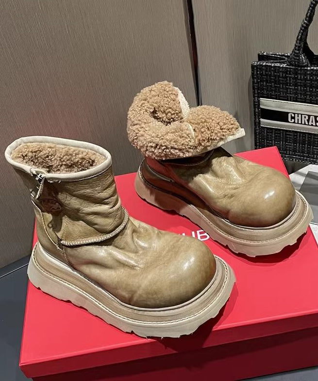 Caramel Faux Leather Boots Fuzzy Wool Lined Splicing Zippered