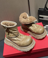 Caramel Faux Leather Boots Fuzzy Wool Lined Splicing Zippered