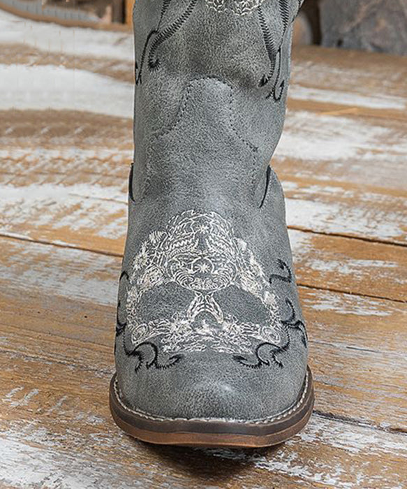 Boho Embroidery Solid Chunky Boots Grey Faux Leather