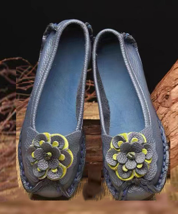 Navy Faux Leather Flower Splicing Flat Feet Shoes