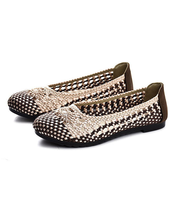 Handmade Pointed Toe Flat Shoes For Beige Chocolate Knit Fabric Flats