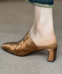 French Brown Satin Cowhide Leather Chunky Heel Slide Sandals