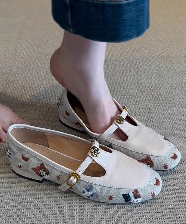 Beige Faux Leather Flat Shoes Hollow Out Embroidered