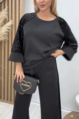 Sequined Loose-fitting Crew Neck Top and Casual Pocket Wide-leg Pants Set