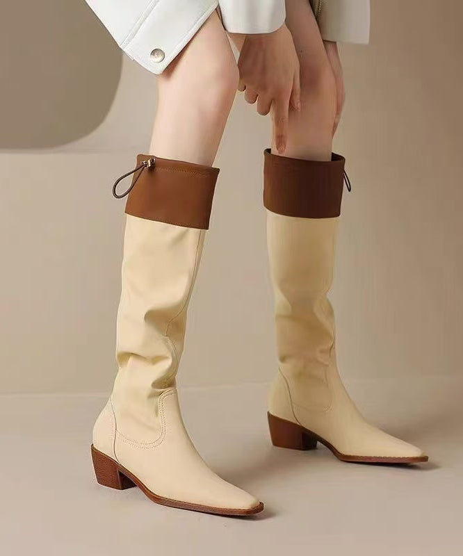 Handmade Splicing Chunky Boots Apricot Cowhide Leather Pointed Toe