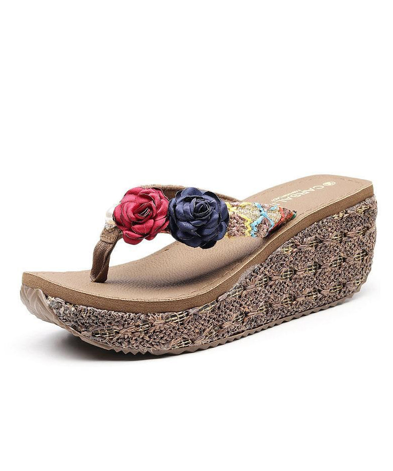 Brown Splicing Floral Holiday Thong Sandals Platform