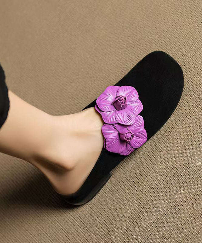 Black Suede Splicing Fashion Floral Slide Sandals