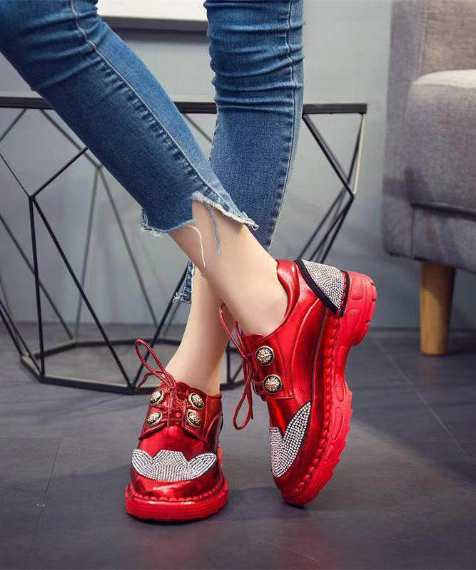 Red Faux Leather Zircon Lace Up Splicing Flat Feet Shoes