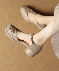 Unique Tulle Splicing Chunky Sandals Coffee Cowhide Leather