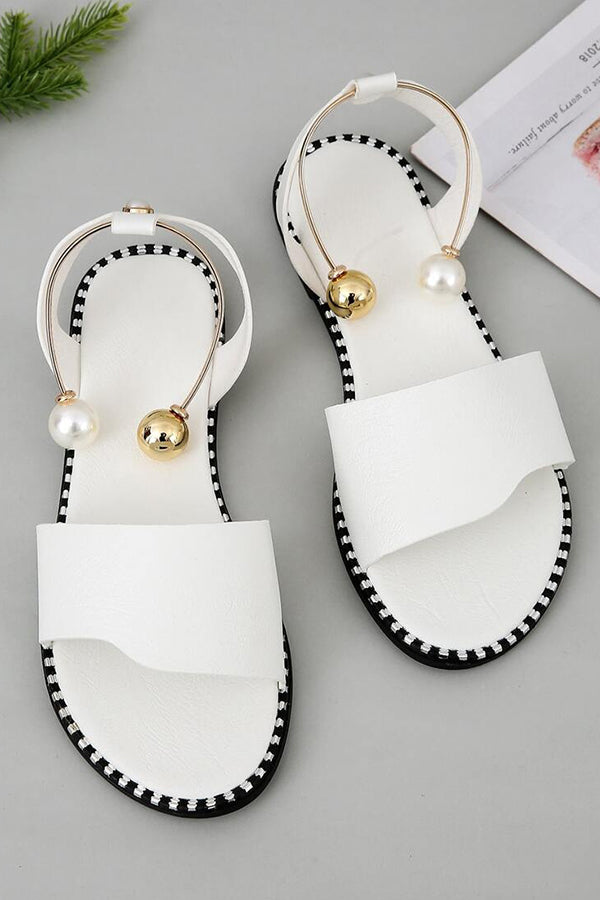 Simple Flat Bottom Pearl Buckle Roman Sandals
