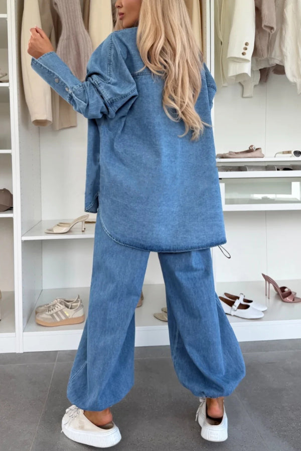 Denim  Button Down Long Sleeve Pocket Oversized Blouse