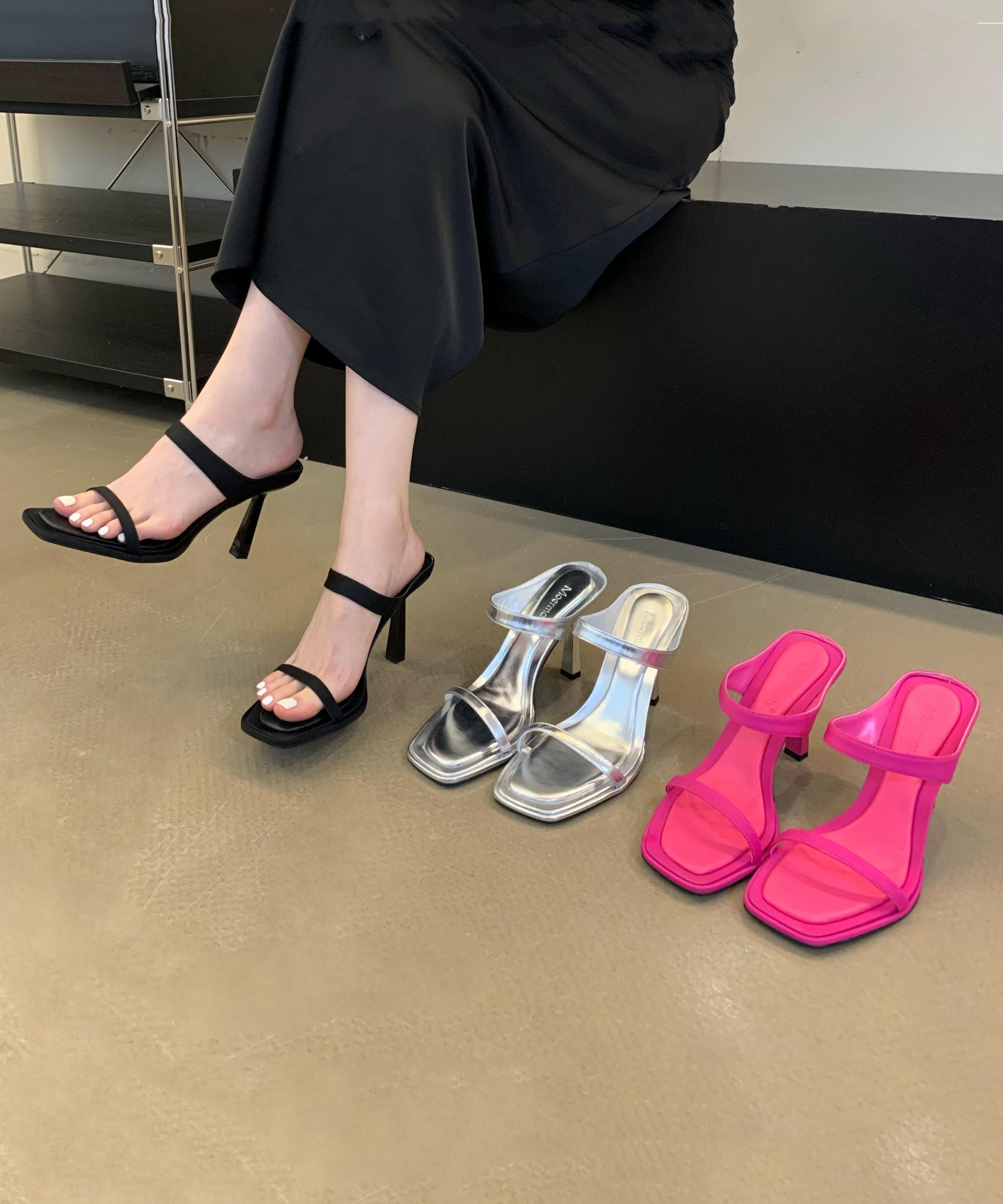 Stylish Rose Faux Leather Stiletto Slide Sandals Peep Toe