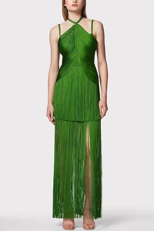 Halterneck Open Back Elegant Tassel Slim Maxi Dress