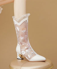 Embroidered Hollow Mesh Patchwork Chunky Heel Boots