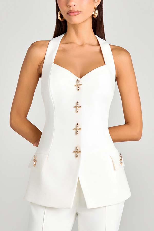 Power Metal Cross Snap Button Sweetheart Neck Wide Strap Vest
