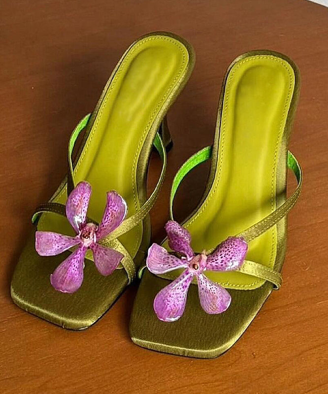Green Floral Splicing High Heels Slide Sandals Peep Toe