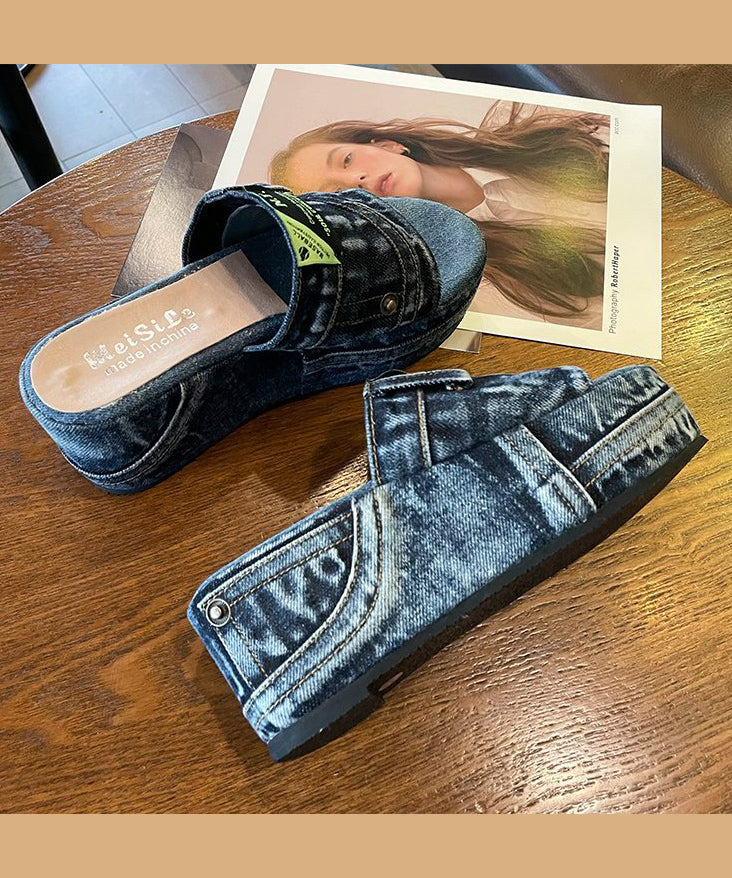 Blue Denim Wedge Slide Sandals Peep Toe