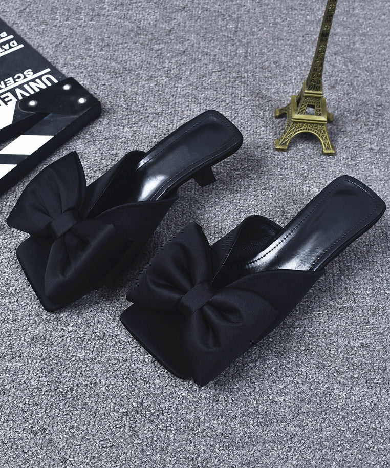 Black High Heel Bow Splicing Slide Sandals