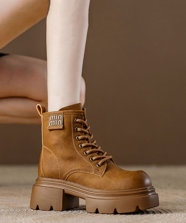 Brown Platform Cowhide Leather Splicing Boots Lace Up