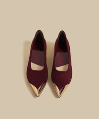 Women Wine Red Suede Splicing Flat Shoes Pointed Toe