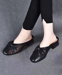 Yellow Slide Sandals Chunky Faux Leather Tulle Splicing Bow