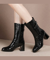 Splicing Chunky Boots Green Cowhide Leather Fuzzy Wool Lined