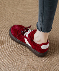 Brown Suede Lace Up Splicing Flat Feet Shoes Fuzzy Wool Lined