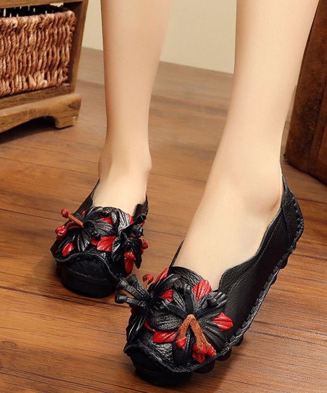 Handmade Cowhide Leather Flat Shoes For Floral Splicing Flat Feet Shoes