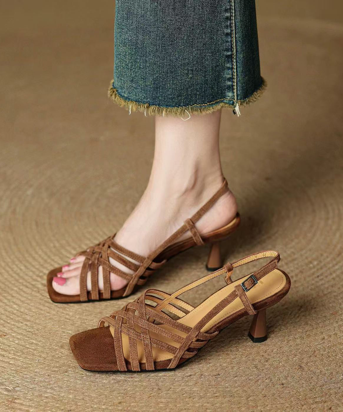 Art Splicing High Heel Sandals Black Suede Peep Toe