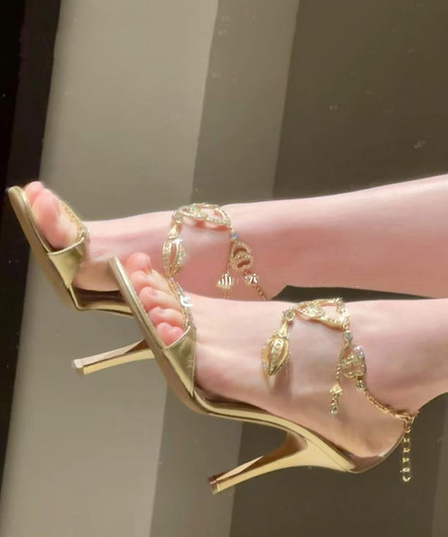 Stylish Zircon Splicing Stiletto High Heels Green Sheepskin Sandals