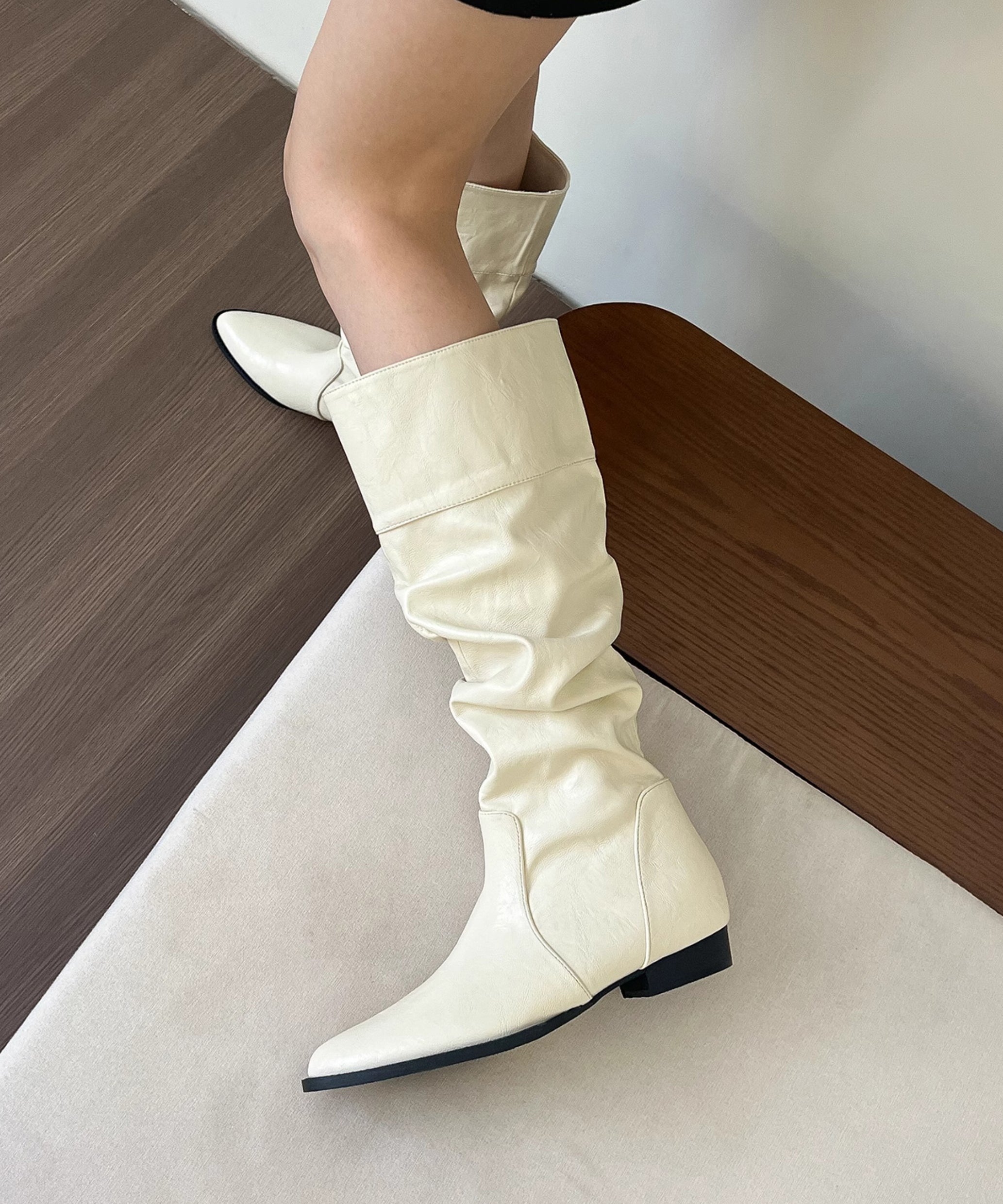 Black Faux Leather Splicing Chunky Boots Pointed Toe