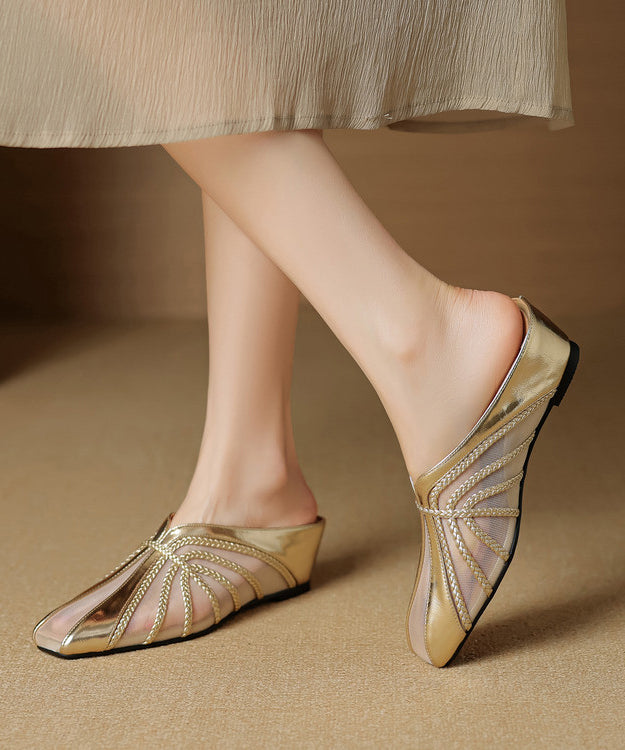 Black Wedge Sheepskin Art Splicing Tulle Slide Sandals