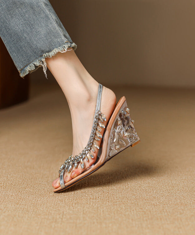 Stylish Cowhide Leather Apricot Sequins Splicing Wedge Heels Sandals