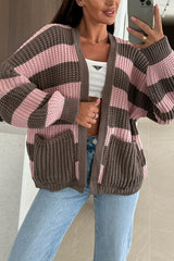 Patchwork Striped Casual Pocket Knitted Sweater