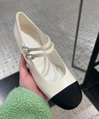 Black Cowhide Leather Flat Feet Shoes Splicing Buckle Strap